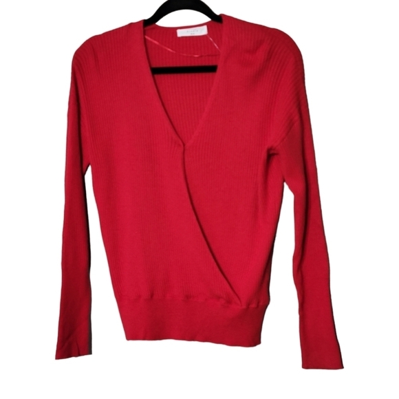 Elodie M Red Ribbed Faux Wrap Sweater V-Neck Long Sleeve Soft Office Knit NWT - Picture 9 of 13